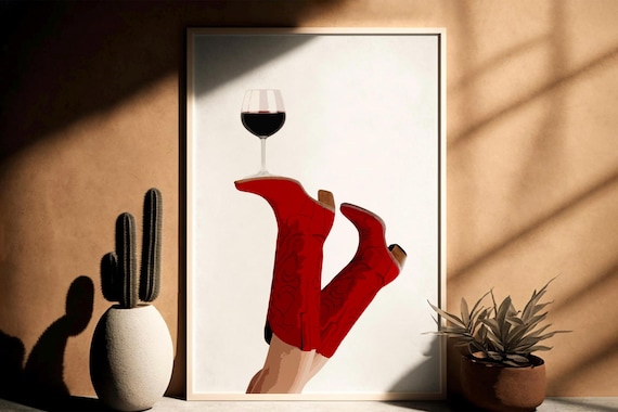 Red Cowboy Boots Balancing Wine Glass Fun Western Decor Poster