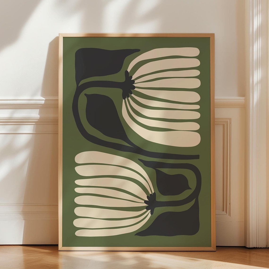 Dark Green Abstract Botanical Art Flower Poster Matisse Inspired Print Japandi Wall Boho