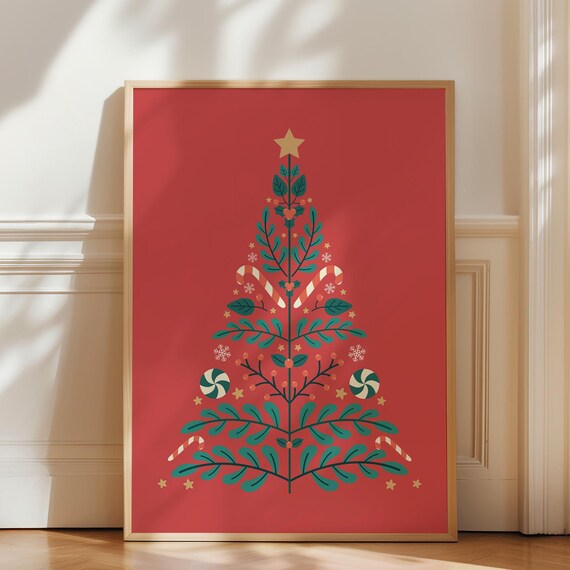 Scandinavian Folk Art Christmas Tree Red Background Holiday Poster