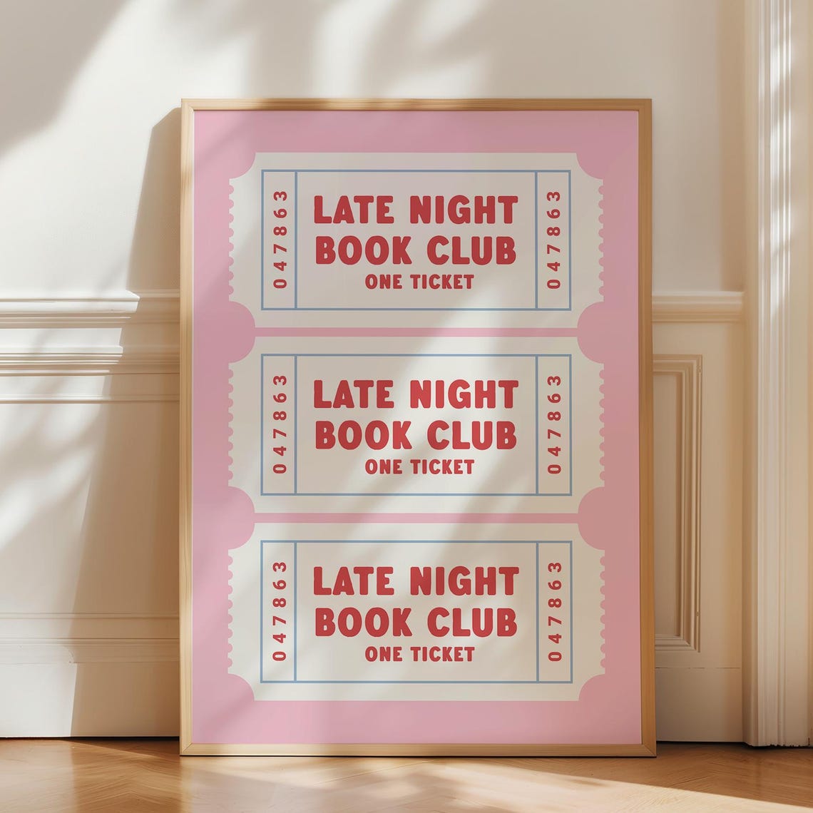 Late Night Book Club Pink Retro Ticket Stub Typography Wall Art