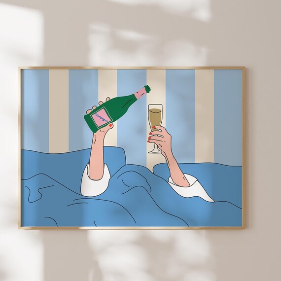 Champagne in Bed Blue Striped Cozy Celebration Bedroom Wall Art