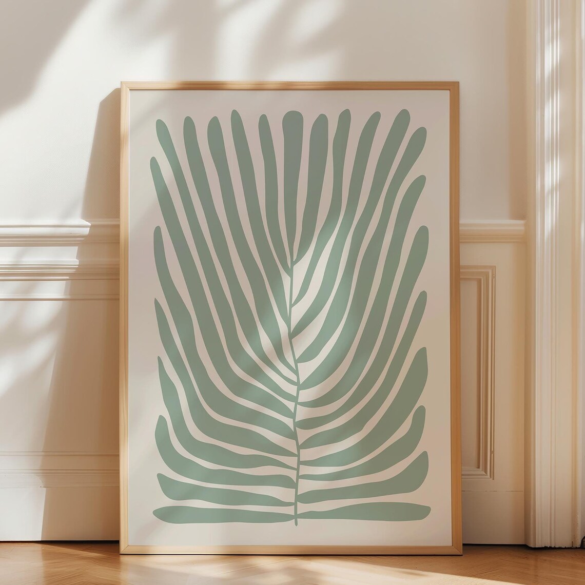 Sage Green Palm Leaf Matisse Style Minimalist Botanical Wall Art
