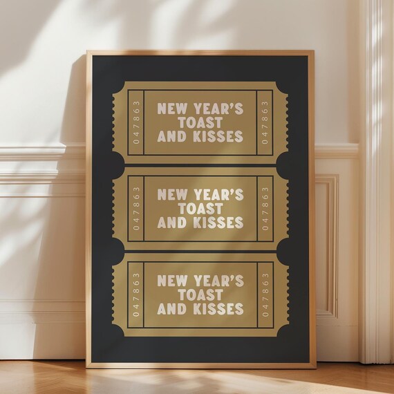 New Years Toast And Kisses Gold Retro Ticket Black NYE Party Poster