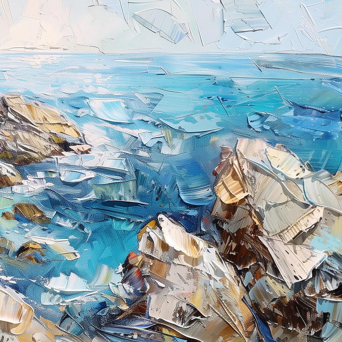 Rocky Ocean Shoreline Turquoise Waves Coastal Cliff Painting Poster - Image 6