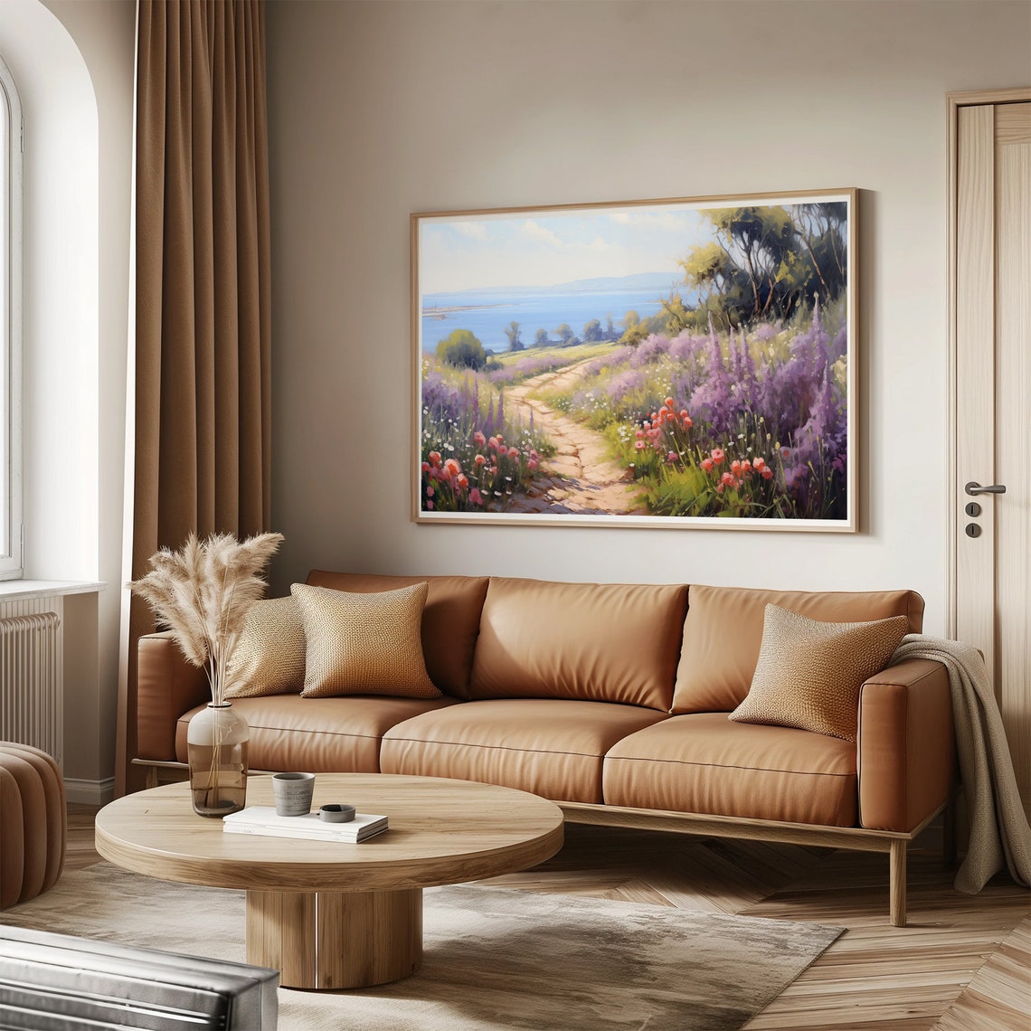 Vintage Coastal Spring Wildflower Path Ocean View Oil Painting Poster - Image 2