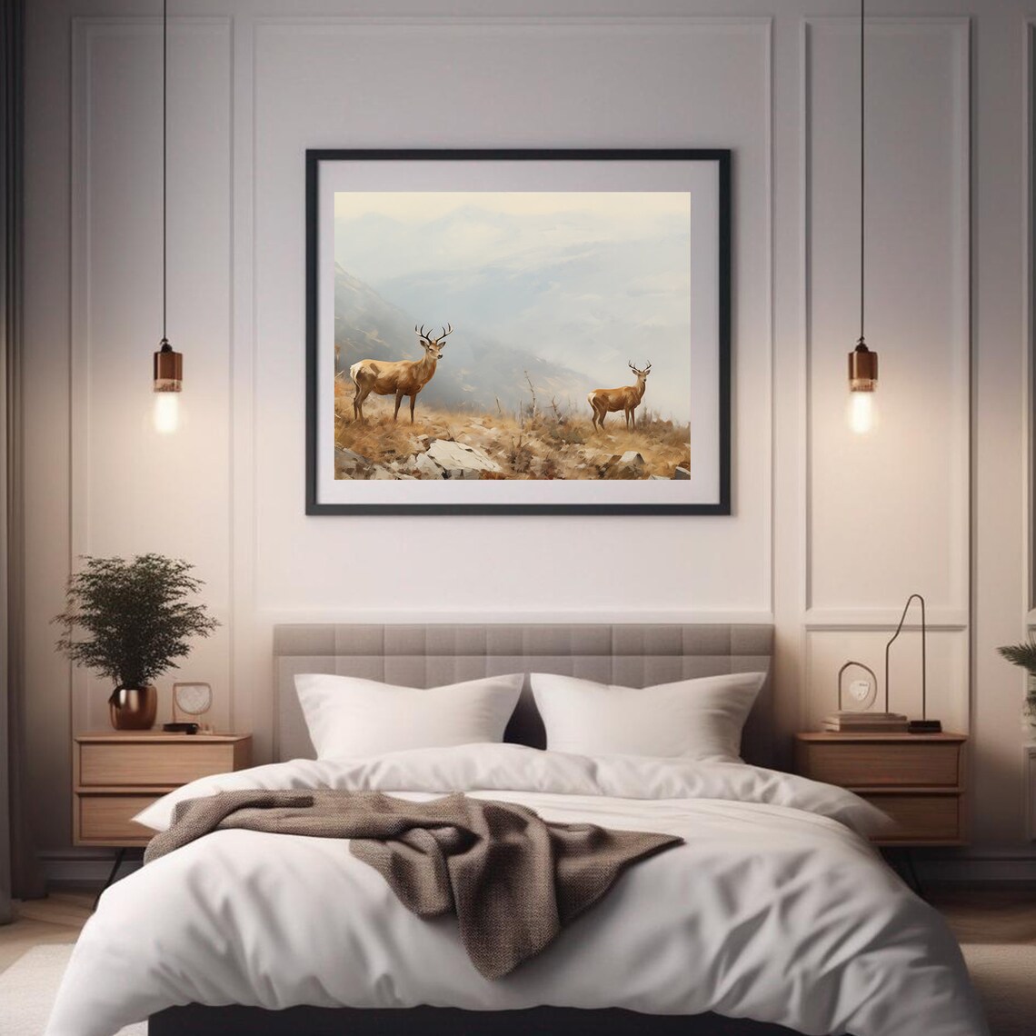 Vintage Foggy Mountain Deer Stags Wildlife Oil Painting Wall Art Print - Image 2