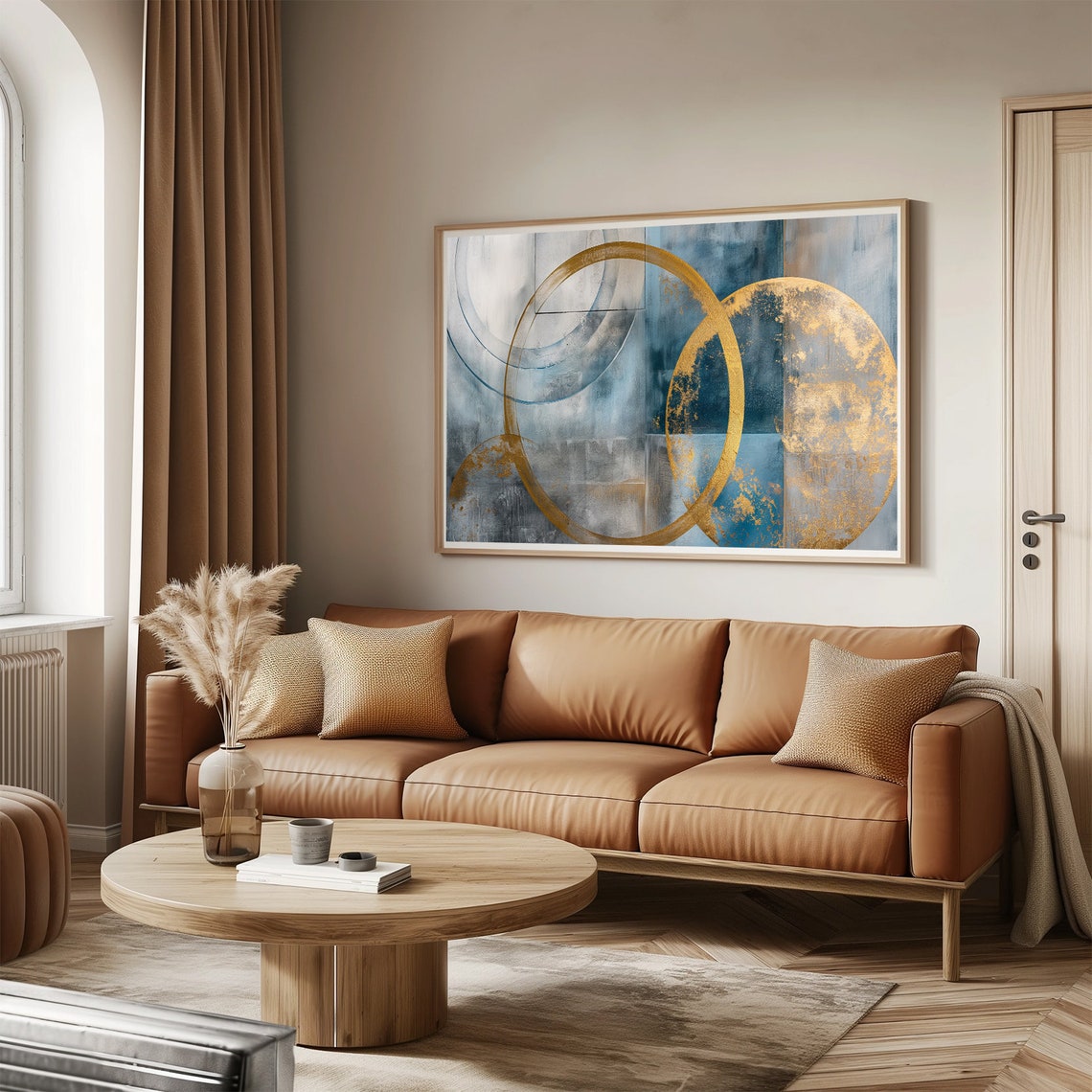 Golden Ring Abstract Painting Navy Blue Circles Shimmering Art Poster - Image 3