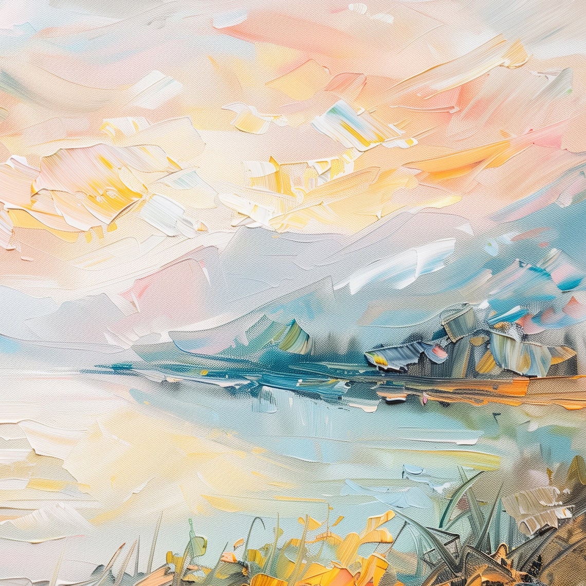 Sunrise Mountain Lake Pastel Sky Wildflowers Serene View Poster - Image 6