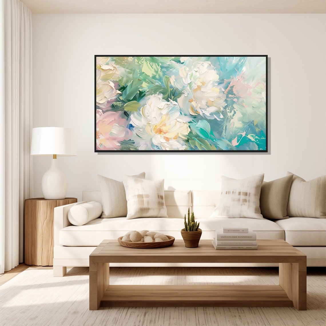 White Blossom Impasto Floral Teal Green Pink Modern Painting Wall Art - Image 5