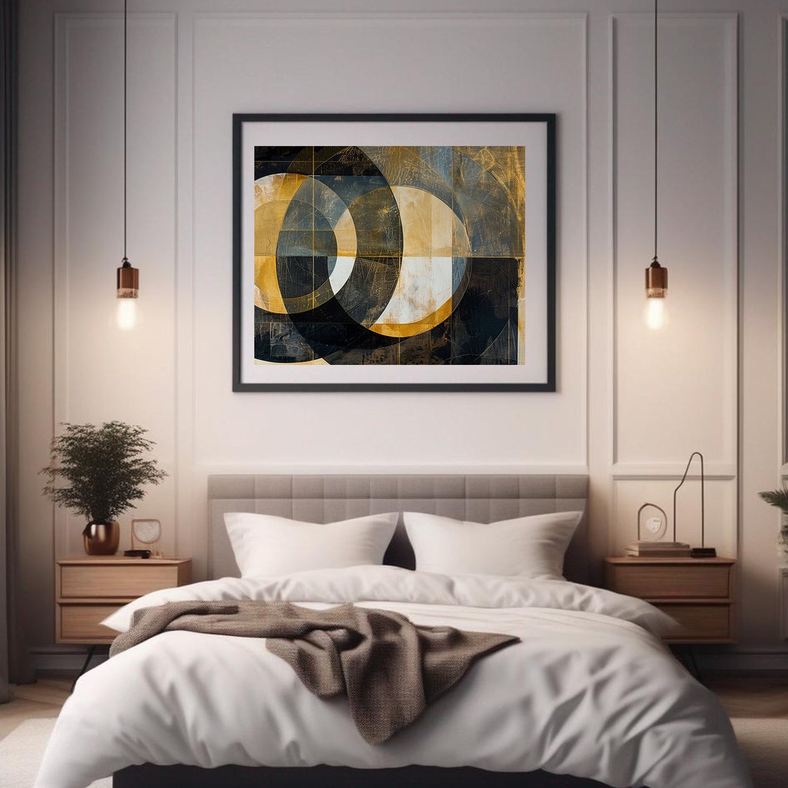 Black Gold Interlocking Circles Dark Moody Modern Abstract Wall Art - Image 2