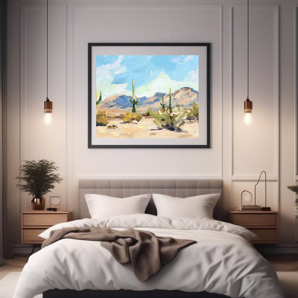 Bright Desert Saguaro Cacti Vivid Blue Sky Mountain Landscape Wall Art - Image 2
