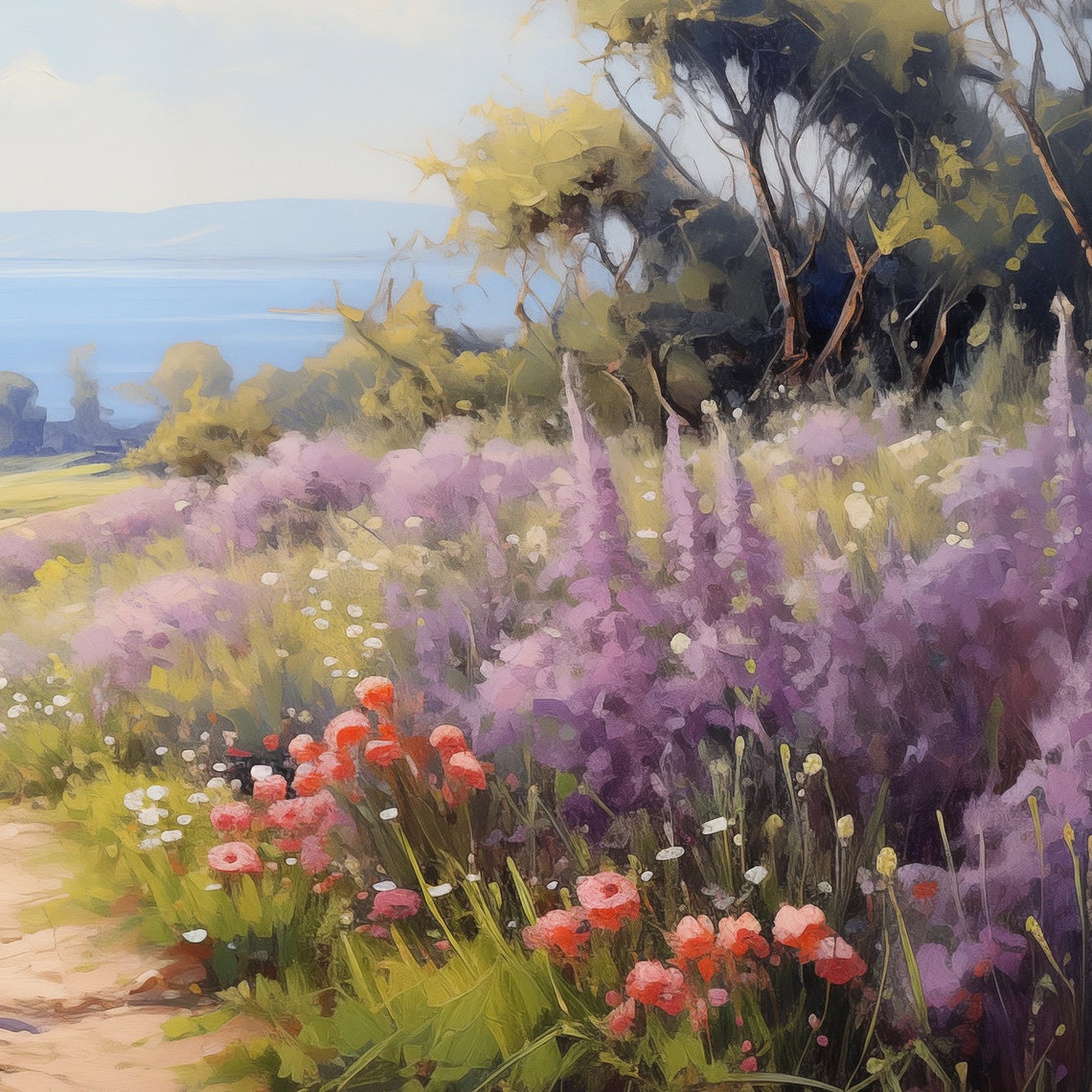 Vintage Coastal Spring Wildflower Path Ocean View Oil Painting Poster - Image 6