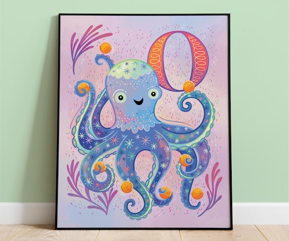 Animal Art Nursery Decor O Is For Octopus Kids Room Poster Colorful Cute Bright Wall Hanging