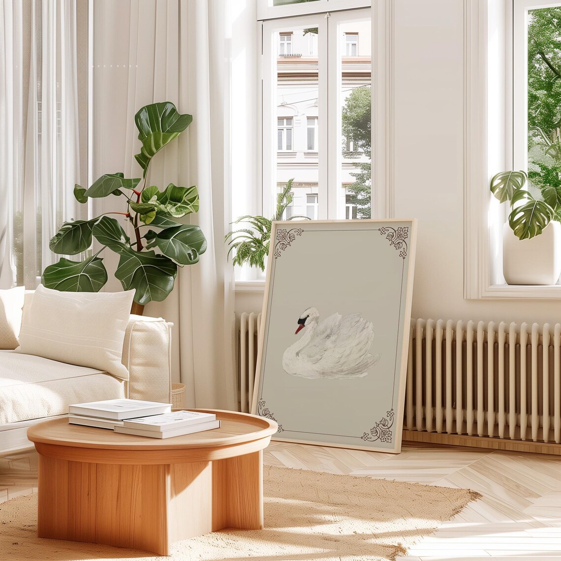 White Swan On Soft Light Grey Vintage Ornate Animal Art Poster - Image 3