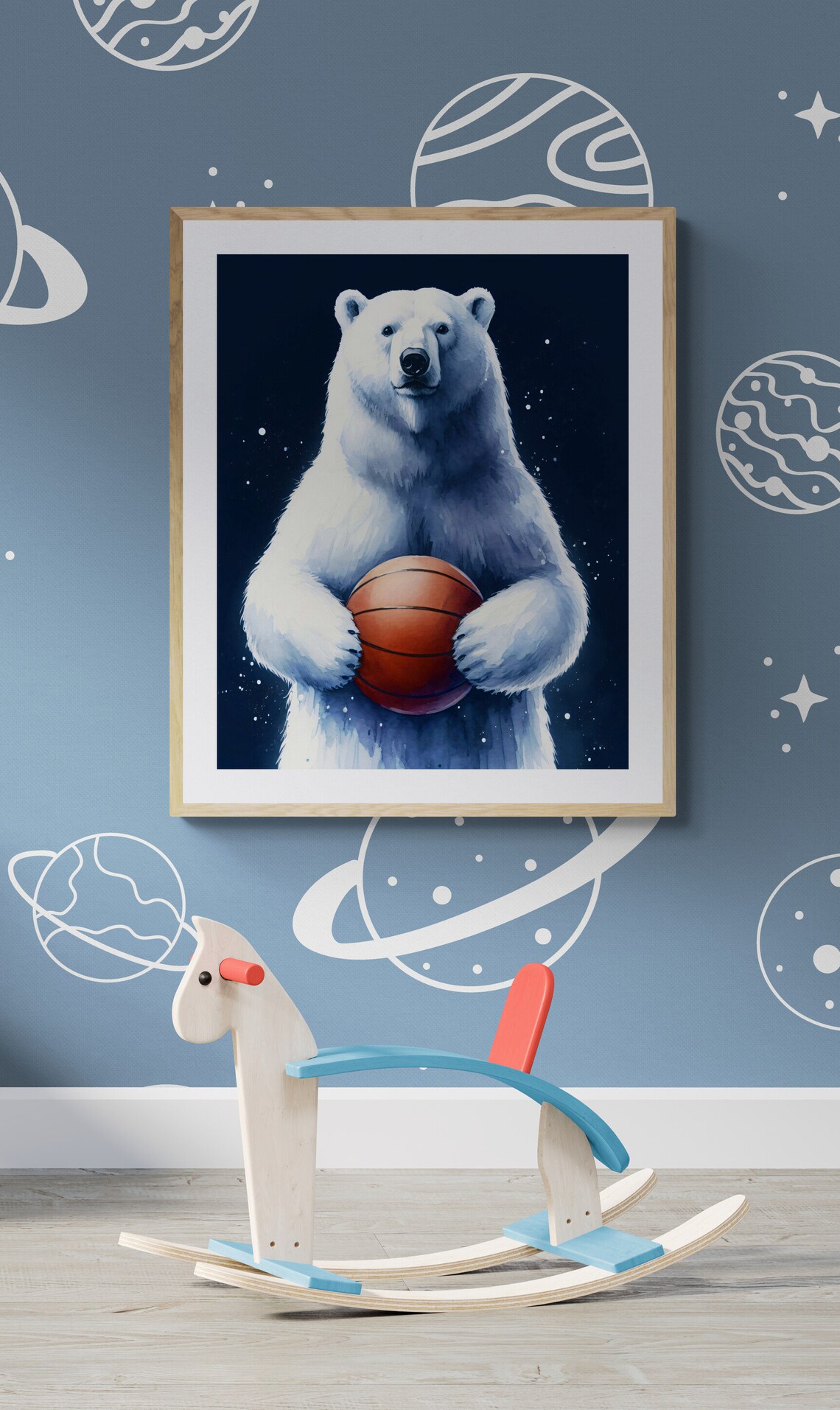 Polar Bear Holding Basketball Cute Watercolor Nursery Animal Wall Art - Image 3