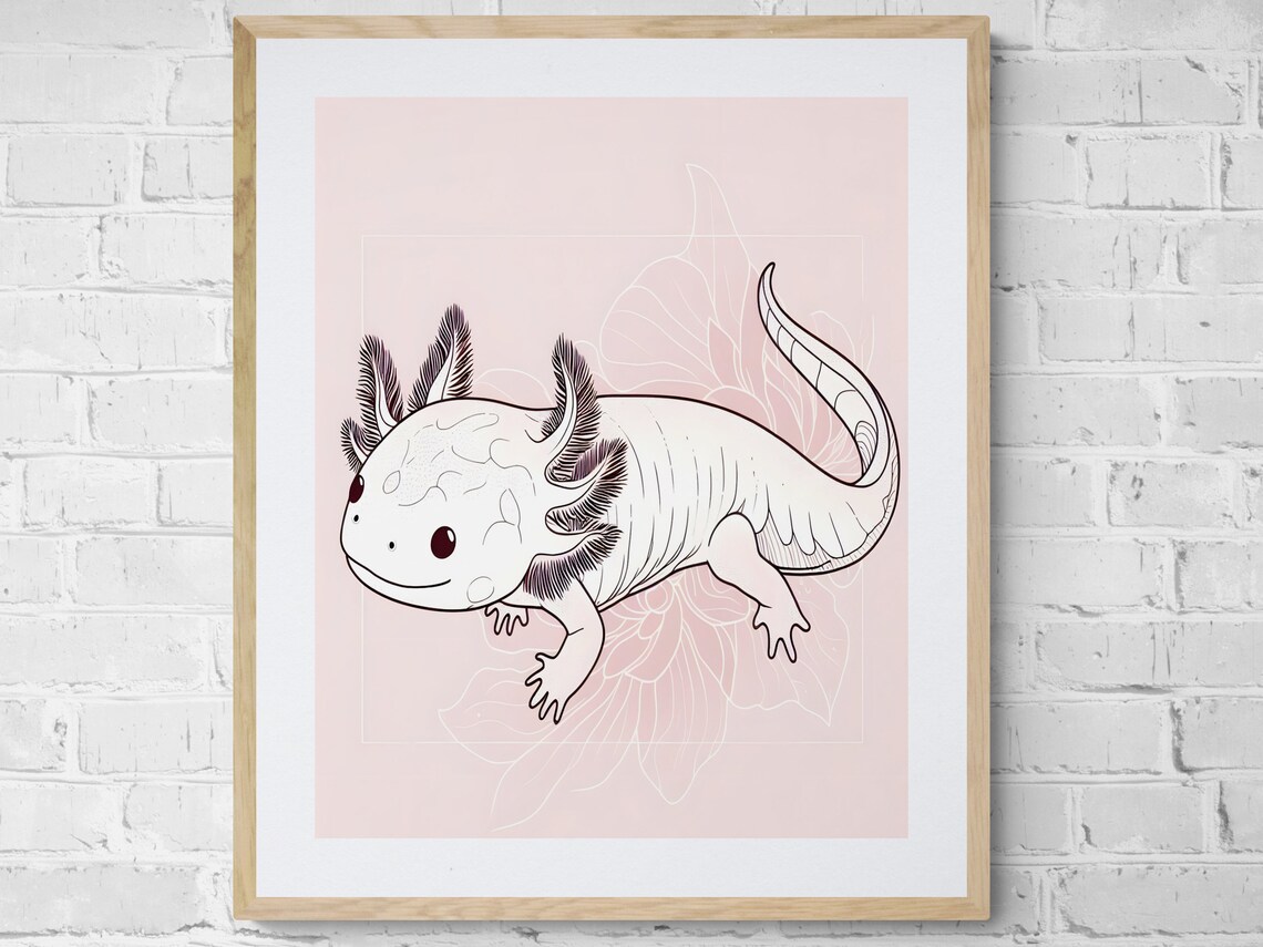 Axolotl Line Art Pink Minimalist Cute Nursery Animal Wall Decor Poster