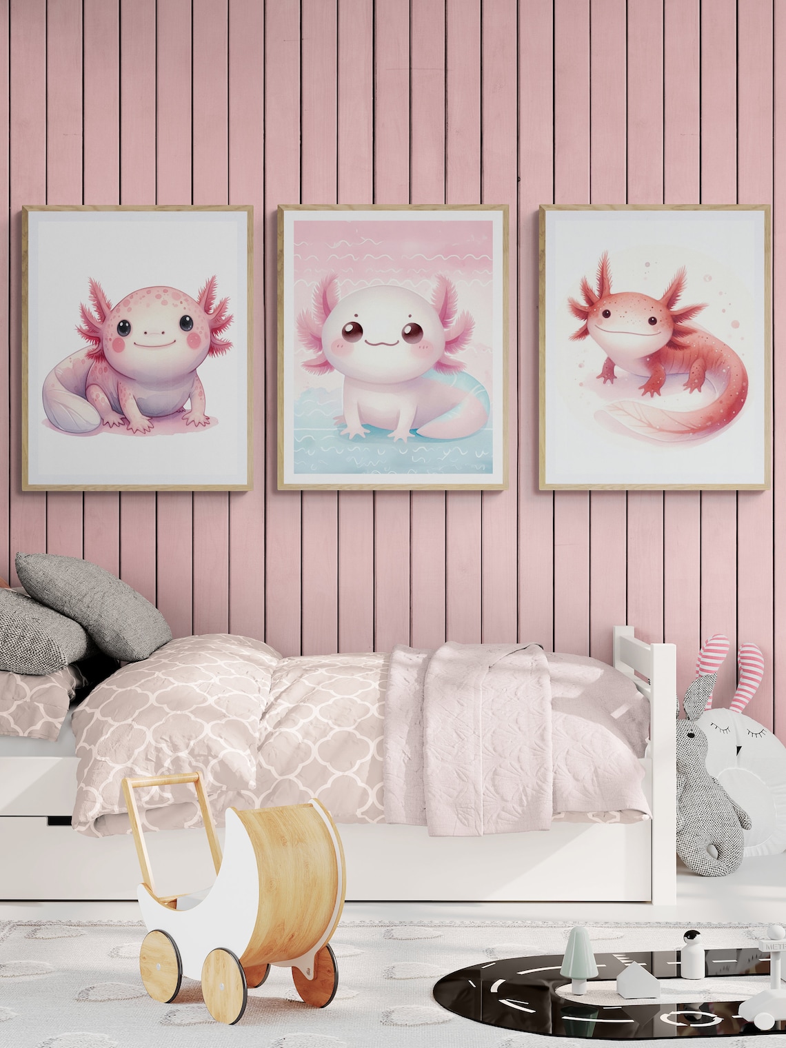 Cute Pink Axolotl Watercolor Animal Portrait Nursery Art Poster - Image 4