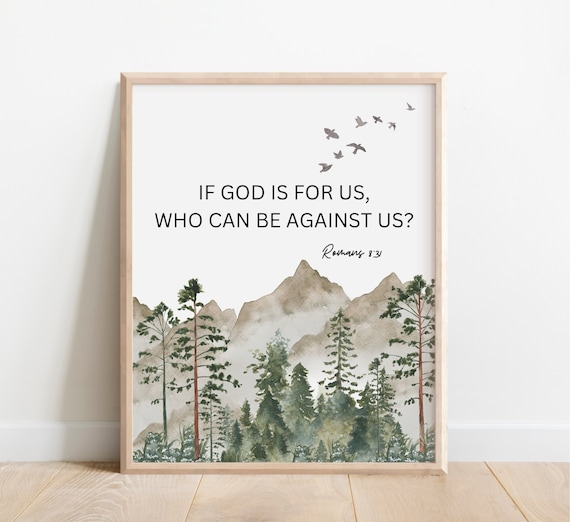 Romans 8:31 Bible Verse Poster If God Is For Us Mountain Forest Gift