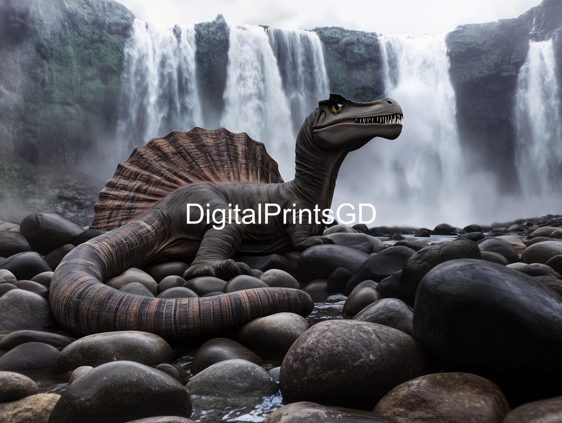 Spinosaurus Resting by a Tall Waterfall on Dark Rocky Shores Poster