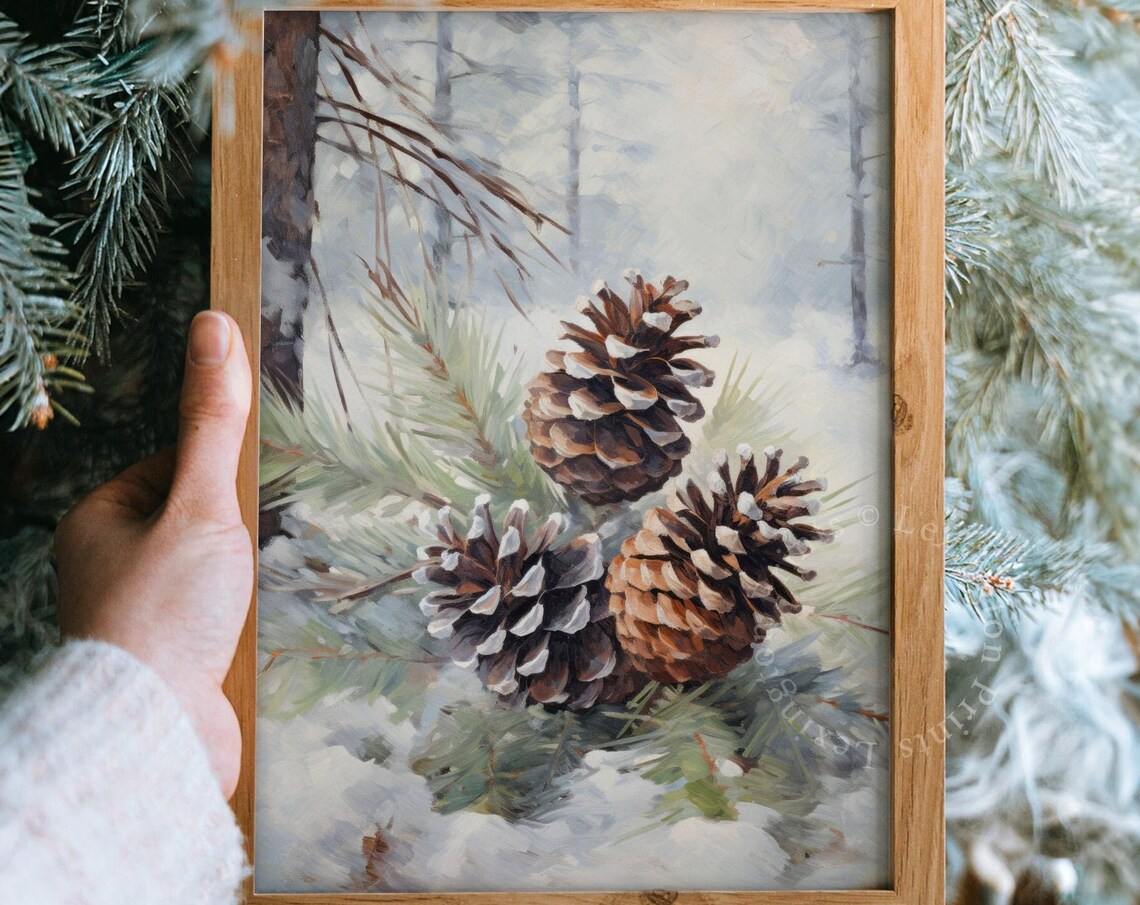 Snow Tipped Pinecones on Frosted Branch Winter Painting Poster