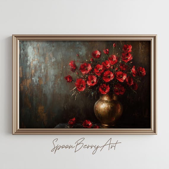 Poppies Vase Painting Art Prints Vintage Wall Decor Dark Moody Tone Country Victorian Antique Home Oil Boho Flower Room