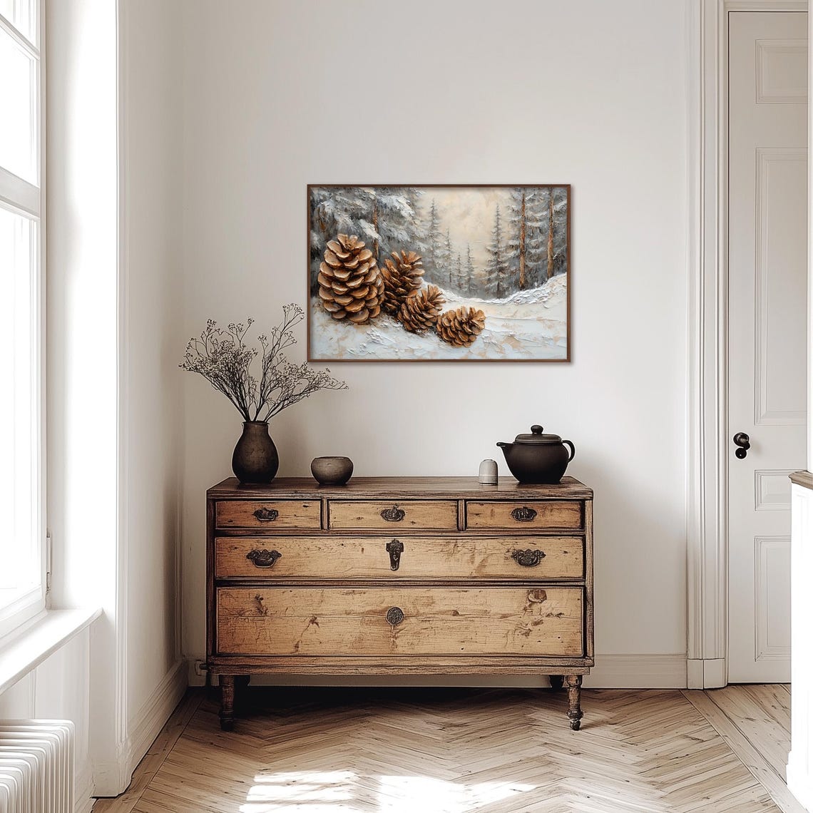 Pine Cones Lying in Snow with a Snowy Forest Behind Winter Poster - Image 3