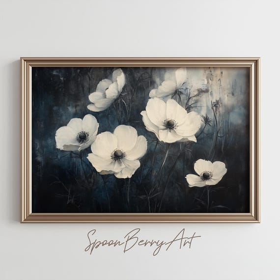 White Poppy Painting Vintage Flowers Wall Print Flower Print Wall Decor Floral Wall Art Dark Moody Oil Painting Art
