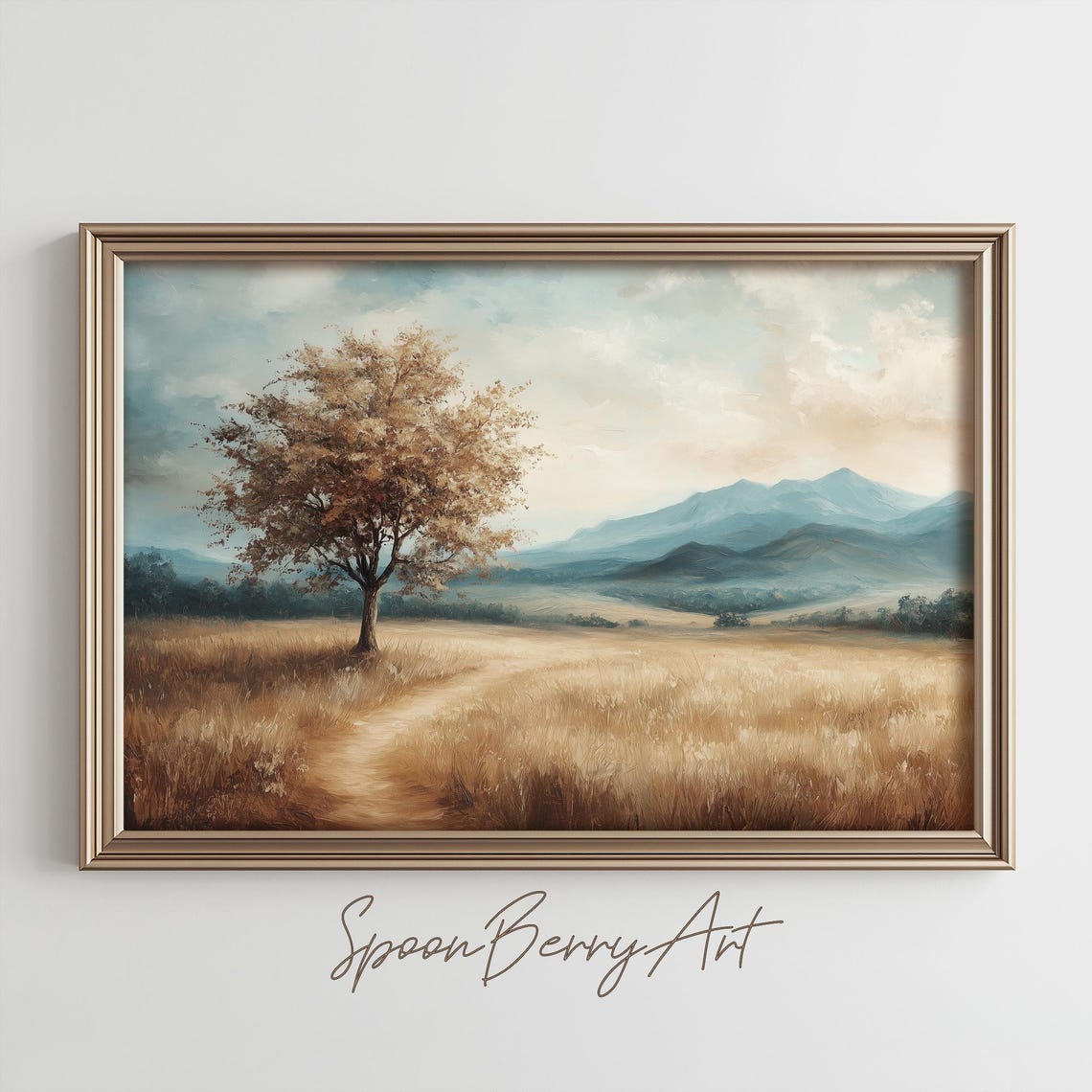 Lone Golden Tree Beside Dirt Path In Mountain Meadow Field Poster