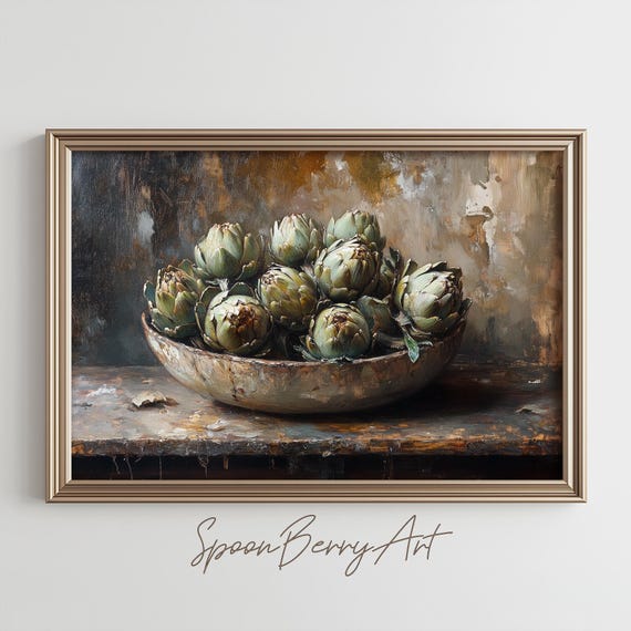 Artichoke Heart Painting Vintage Artichokes Wall Print Artichoke Print Wall Decor Dark Moody Kitchen Oil Painting Art
