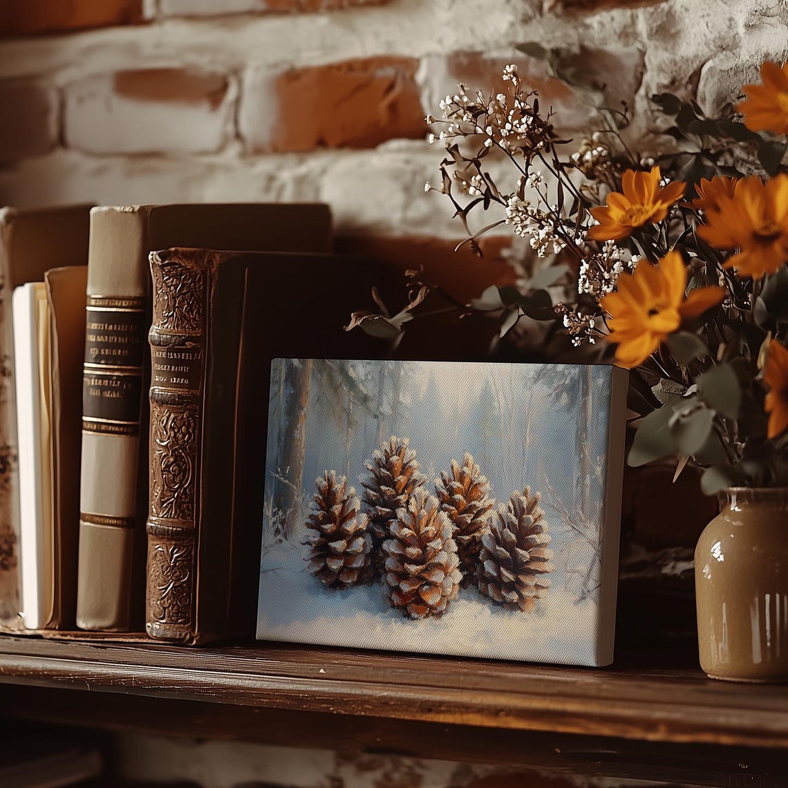 Snow Dust Pine Cones Winter Forest Moody Oil Painting Poster - Image 5