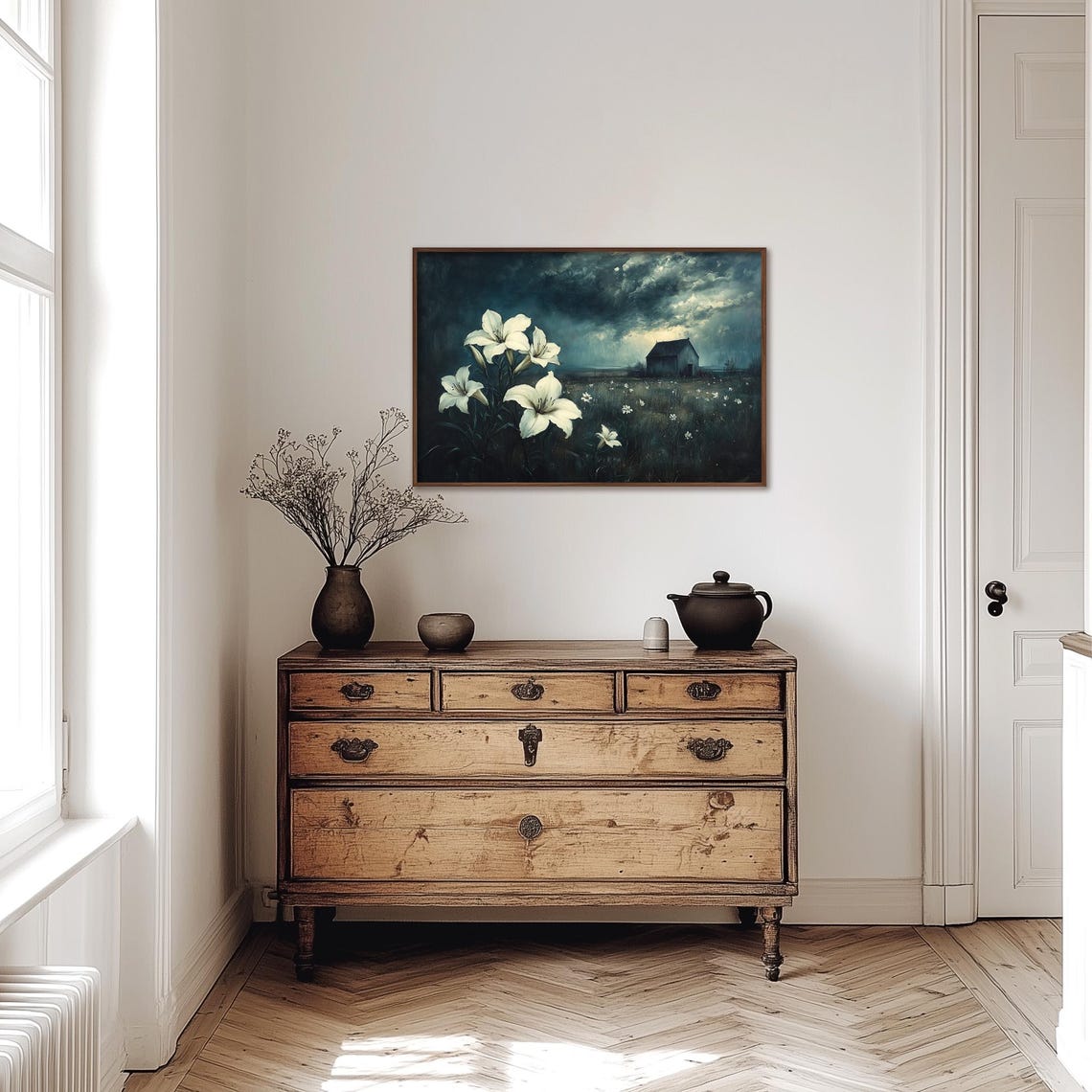 White Lilies Blooming at Night Beneath a Stormy Sky Art Poster - Image 3