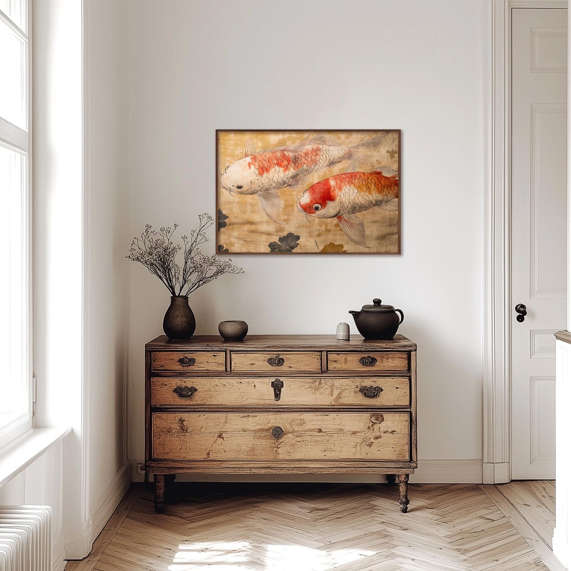 Two Koi Fish Swimming in Vintage Japanese Style Ink Art Poster - Image 3