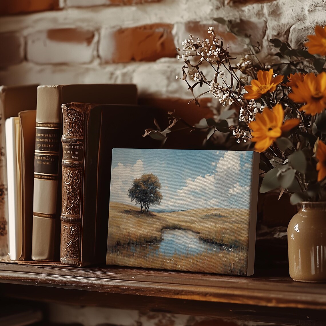 Tree by a Quiet Pond in a Golden Field Blue Sky Landscape Poster - Image 3