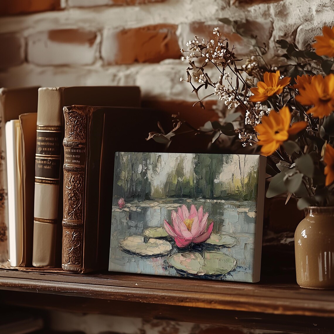 Lily Pad Painting Vintage Flower Wall Print Water Lilies Print Wall Decor Floral Wall Art Moody Tone Oil Painting Art - Image 3
