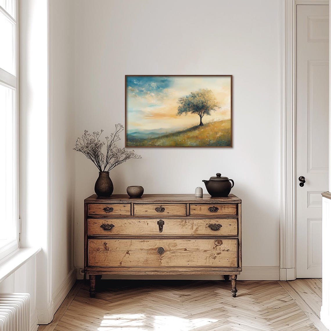 Lone Tree on a Golden Hill at Sunset Impressionist Landscape Poster - Image 5