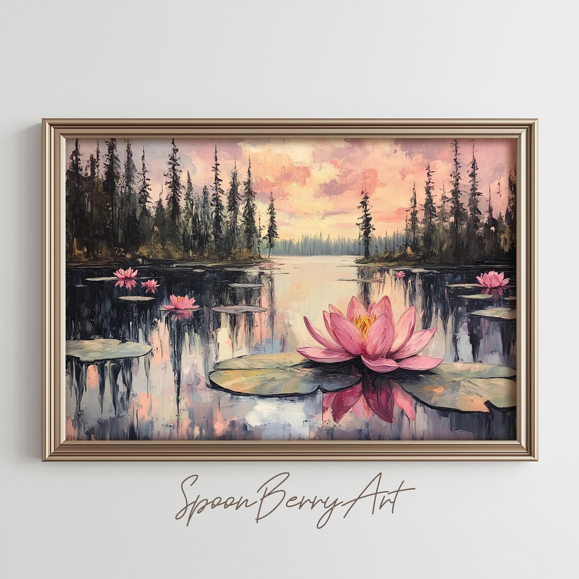 Pink Lily Pad Painting Vintage Flower Wall Print Water Lily Print Wall Decor Floral Wall Art Moody Oil Painting Art