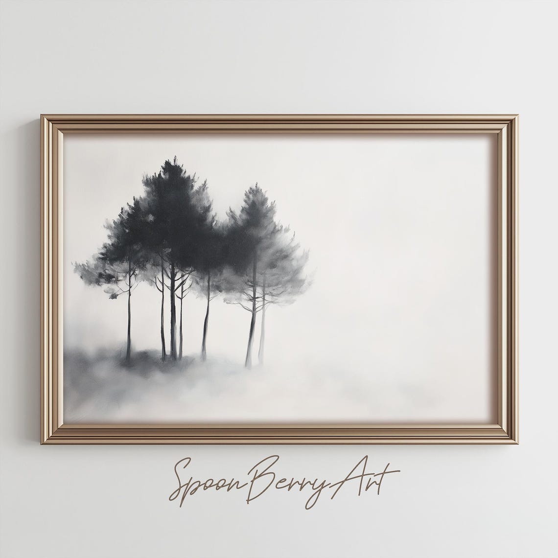 Black and White Misty Pine Tree Cluster in Soft Fog Art Poster