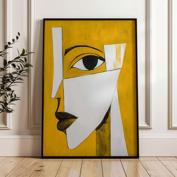 Pablo Picasso Style Yellow Cubist Abstract Face Modern Art Poster