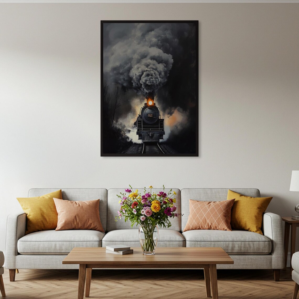 Moody Steam Train Vintage Locomotive Dark Atmospheric Smoke Art Poster - Image 2