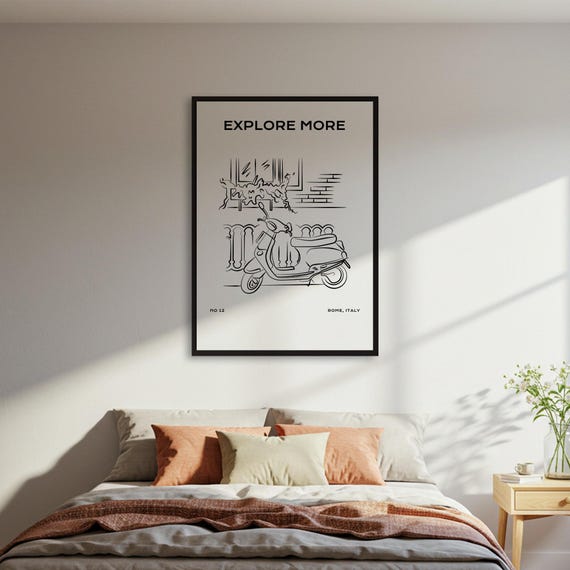 Explore More Rome Scooter Poster Minimalist Travel Line Art Print Italy Wall Decor Framed Or Unframed