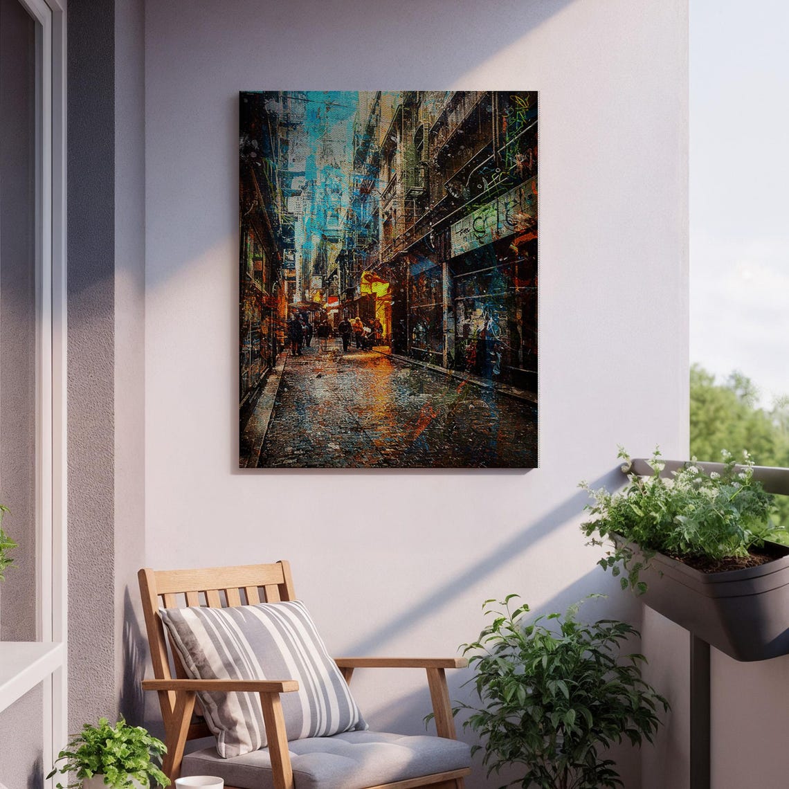 Rainy Night City Alley Impressionist Wet Cobblestone Art Poster - Image 2