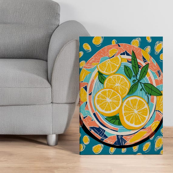 Lemon Citrus Canvas Wall Art With Frame Options Colorful Fruit Kitchen Print In Blue And Yellow For Modern Farmhouse Or Summer Decor