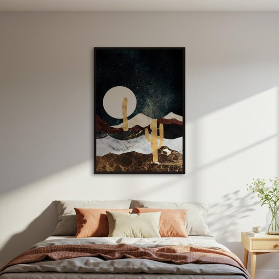 Abstract Desert Night Poster Cactus Landscape Wall Art Starry Sky Print Modern Southwest Decor Framed Or Unframed