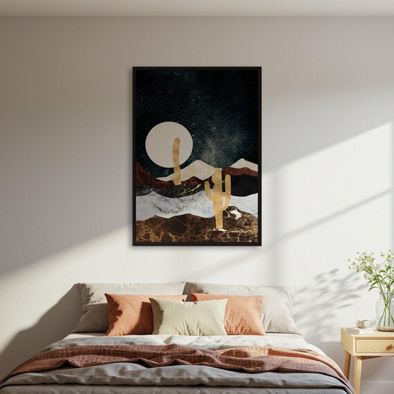 Golden Cactus Silhouettes Under Full Moon Starry Desert Night Art Poster