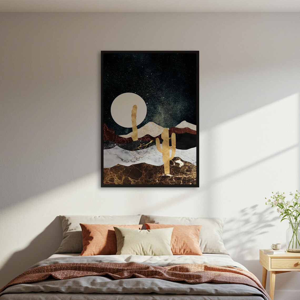 Golden Cactus Silhouettes Under Full Moon Starry Desert Night Art Poster
