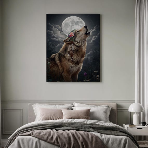 Floral Wolf Display Boho Animal Feature Full Moon Artwork Spiritual Wall Accent Framed Painting Scene Enchanted Nature Spirit