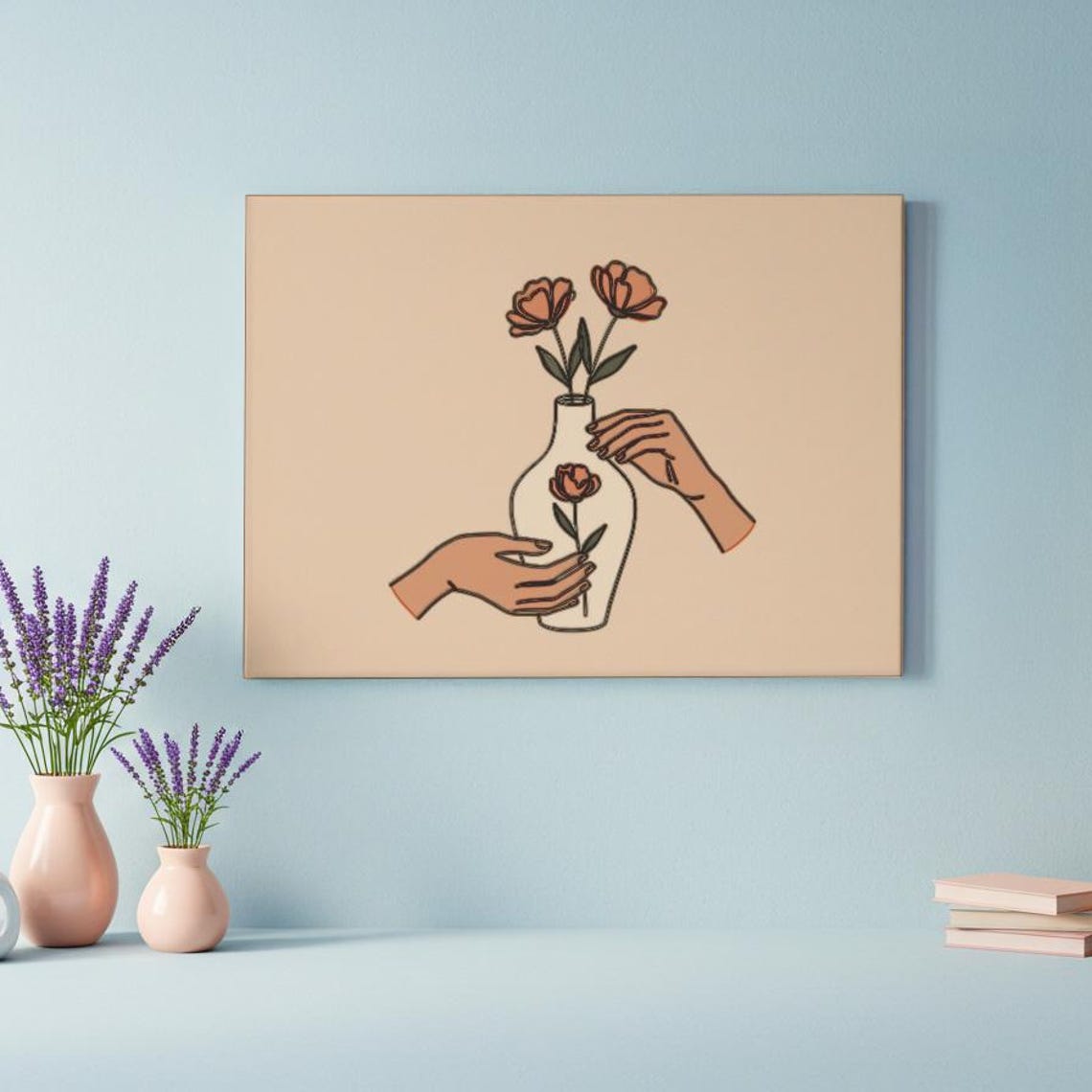 Minimalist Hands Holding Vase Flowers Peach Line Art Style Poster