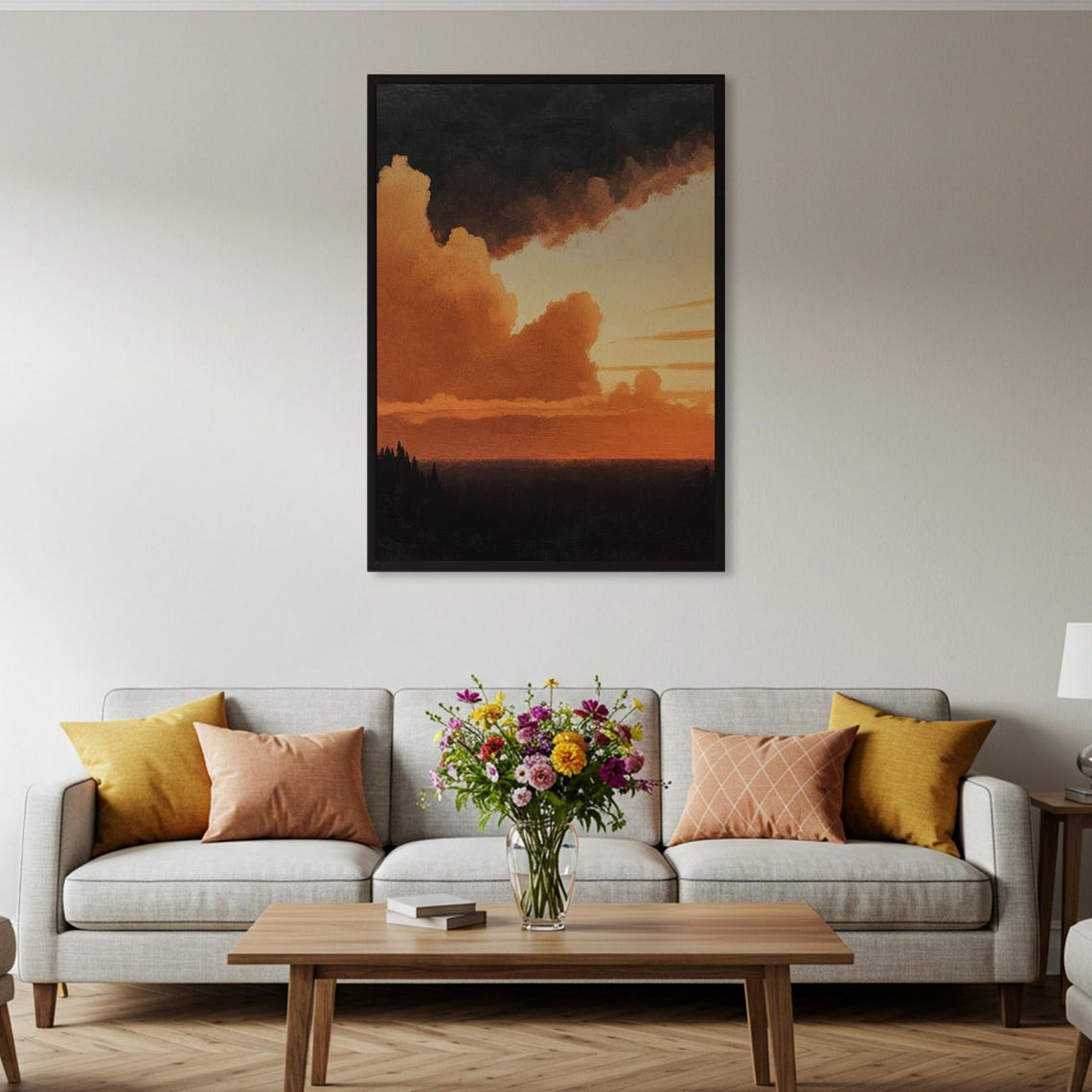 Moody Burnt Orange Sunset Painting Dark Forest Landscape Poster - Image 2