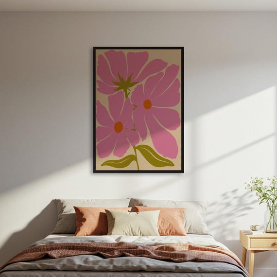 Bold Pink Flower Poster Modern Floral Wall Art Abstract Decor Minimalist Print Boho Bedroom