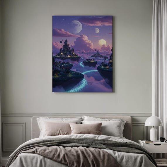 Castle In Clouds Scifi Game Room Dreamy Night Sky Framed Magical Whimsical Island Fantasy Wall Art Gamer Gift